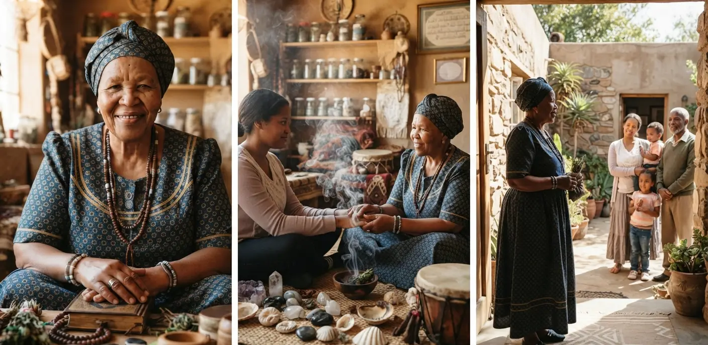 Prof Mama Jafali at her table, sitting with a client, and seeing a family out